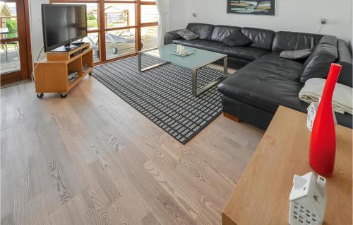 Una sala de estar con un sofá negro y un televisor. en Marina Minde, en Egernsund
