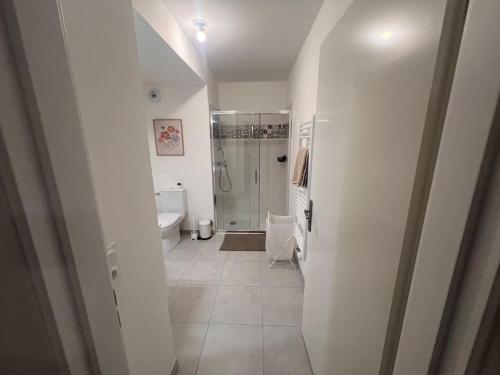 a bathroom with a shower and a toilet and a sink at Appartement Chessy Disney wifi Parking Paris in Chessy