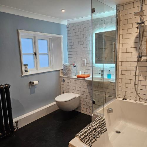 a bathroom with a toilet and a glass shower at The Old Flint Bank Cottage in Harleston
