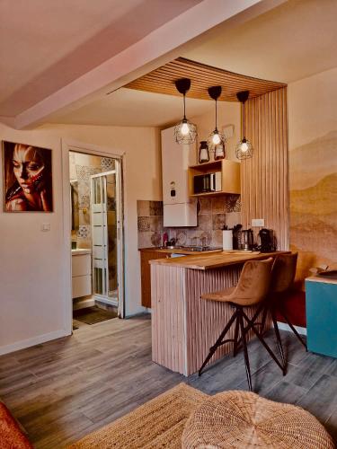 - une cuisine avec un comptoir et une chaise dans une pièce dans l'établissement bel studio paris, pantin, à Pantin