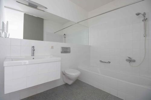 a white bathroom with a toilet and a sink at Appartements Christophorus in Bad Hofgastein