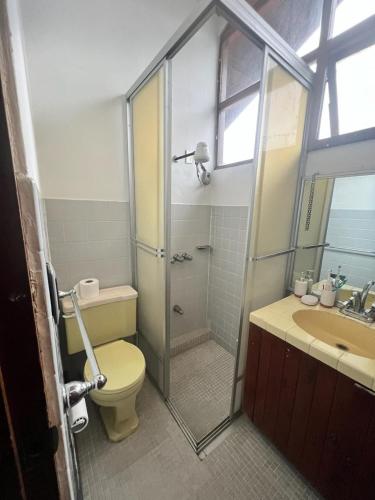 a bathroom with a shower and a toilet and a sink at Casa Aldaba in San José