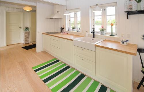 a kitchen with white cabinets and a green and white rug at Holiday Home Sønderbygade Sydals Vi in Kegnæshøj