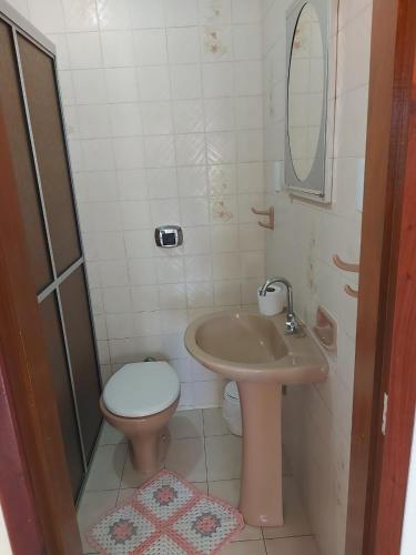 a bathroom with a sink and a toilet and a mirror at Cantinho do silêncio in Joinville