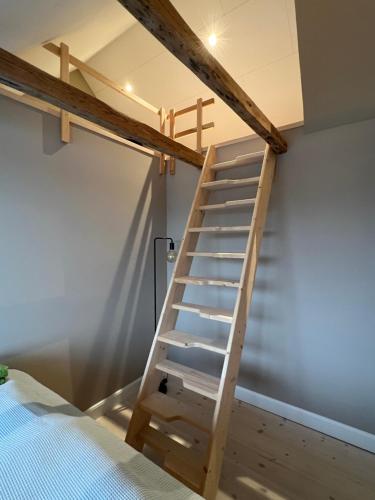 a ladder to the loft bed in a bedroom at Byhuset - Hems 60 in Vejle