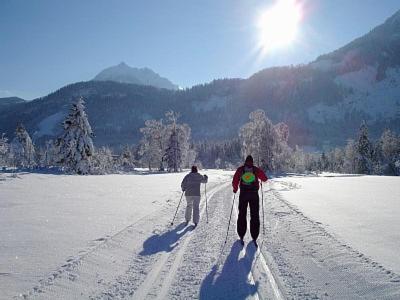 two people are cross country skiing in the snow at Reiterhof Suassbauer in St. Wolfgang