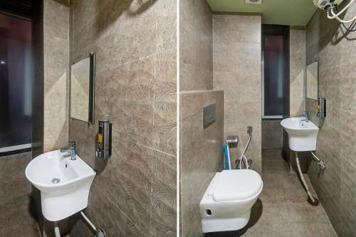 two pictures of a bathroom with a toilet and a sink at Hotel O Rasuj in Jaipur