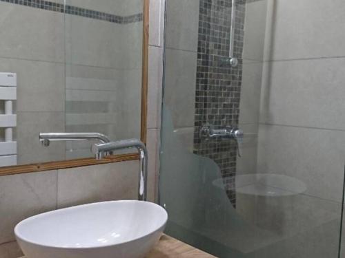 une salle de bain avec une douche en verre et un lavabo dans l'établissement Studio 4 pers à l'Alpe d'Huez avec balcon et animaux acceptés - FR-1-405-366, à Huez