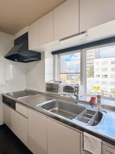 a kitchen with a stainless steel sink and a window at 北海道大学ENYA-n17 in Sapporo