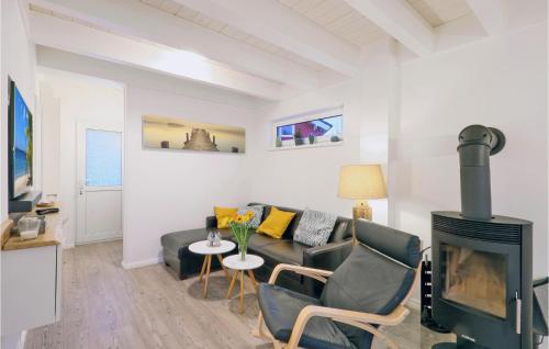 ein Wohnzimmer mit Sofa und Kamin in der Unterkunft Seehund in Süssau