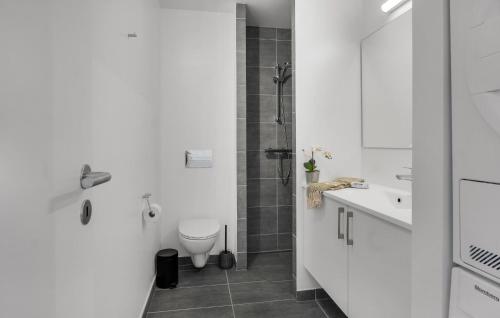 a white bathroom with a toilet and a sink at Havnehusene, Lejl 61 in Engvang