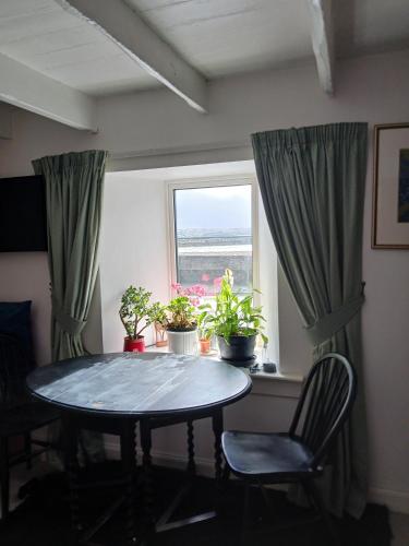 a table and chairs in front of a window with plants at Seaview in Stornoway