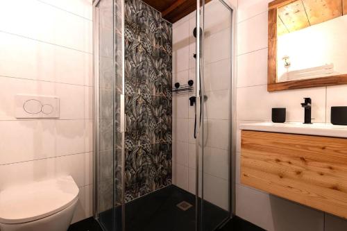 a bathroom with a shower and a toilet and a sink at Supersaxo QUIET & CHARMING chalet 8 pers in Agettes