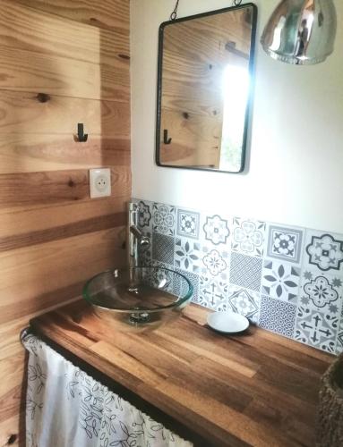 une salle de bain avec un lavabo et un miroir dans l'établissement La Tiny du Grand Bois - Petit déjeuner inclus, à Lubersac
