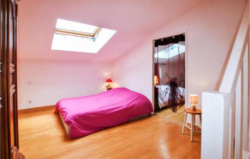 a bedroom with a pink bed and a skylight at Beautiful Home In Loriol-Sur-Drôme in Loriol-sur-Drôme