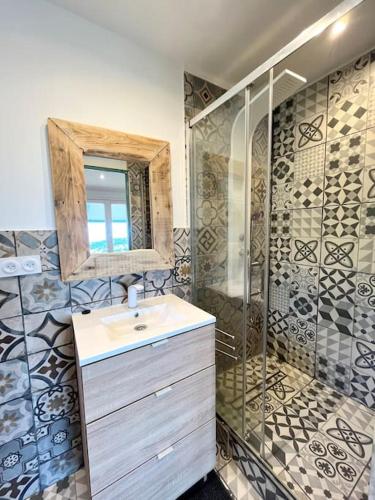 une salle de bain avec un lavabo et une douche dans l'établissement Superbe studio neuf vue mer, à Monticello