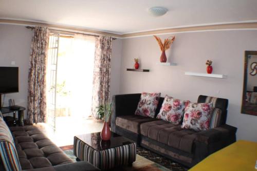 a living room with a brown couch and a window at SJA Furnitured Apartments in Kitende