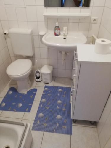 a bathroom with a toilet and a sink and a blue rug at Ferienwohnung Sonnenperle - Wohnung 13 in Breege