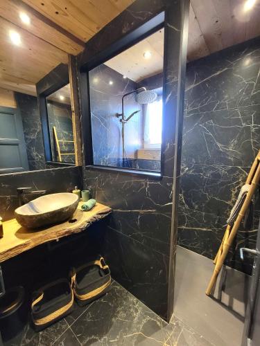 une salle de bain avec un lavabo et un miroir dans l'établissement Maison Les Planches, à Gérardmer