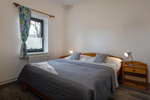 a bedroom with a bed and a window at Penzion za mlynom in Bešeňová