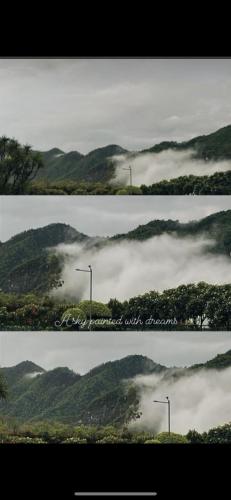 a group of three pictures of mountains with clouds and street lights at Wanderers inn- beautiful hills view in Dehradun