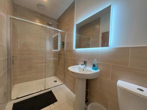 a bathroom with a shower and a sink and a toilet at 1 bed Apt close to Leeds Arena Sleeps up to 4 people F1 in Leeds