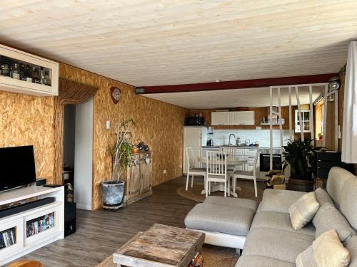 un salon avec un canapé et une cuisine dans l'établissement La Lusette-Malaparade, à Notre-Dame-de-la-Rouvière