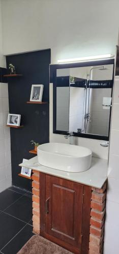 a bathroom with a sink and a large mirror at Poomaz Peace Palace in Ella
