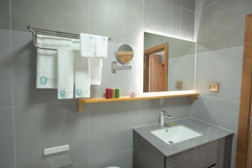 a bathroom with a sink and a mirror at Khangain Tugul Hotel in Tsetserleg
