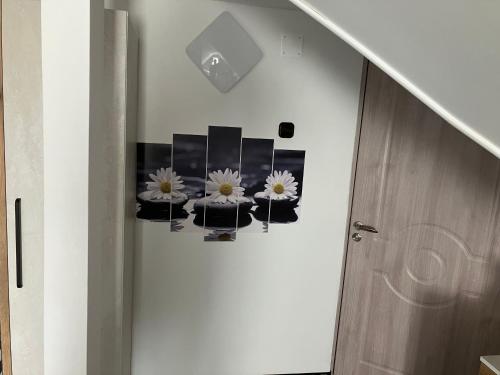 a hallway with three flowers on the wall at Relax Apartman in Sümeg