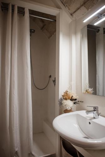 a bathroom with a sink and a shower curtain at V1 Loft - Luxury Suite con tetto di vetro a due passi dal mare in Molfetta