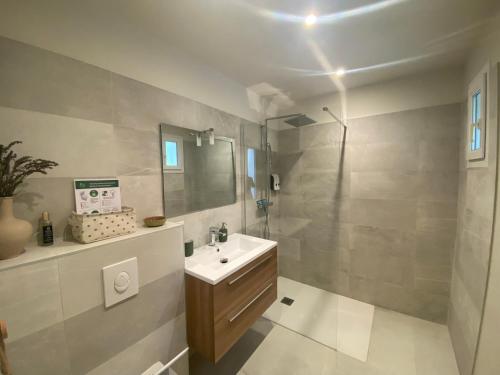 a bathroom with a sink and a shower at Le Repos du Keyrié in Saint-Marc-Jaumegarde