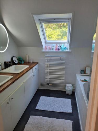 une petite salle de bain avec un lavabo et une fenêtre dans l'établissement Au pied de Lille, à Lille