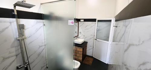 a bathroom with a shower and a toilet and a sink at Poomaz Peace Palace in Ella