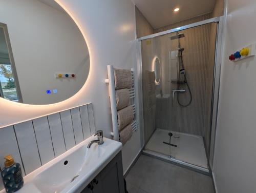 une salle de bain avec un lavabo et une douche dans l'établissement Brick and Dream - 20min Disneyland - Familly - Parking, à Mortcerf