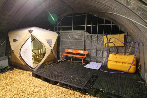 an inside view of a dome tent with a table in it at Furano Cottage Shelter in Nakafurano