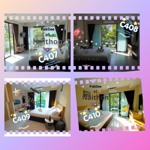 a collage of four pictures of a bedroom at Pak Dee At Naithon in Nai Thon Beach