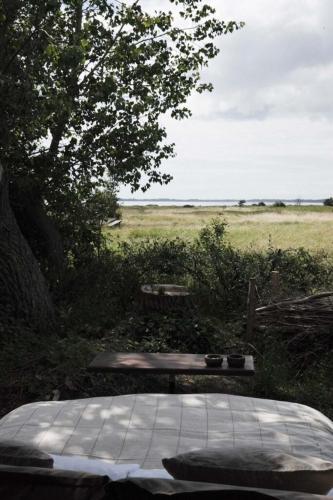 a patio with a table and a field in the background at Lynæs Surfcenter in Hundested