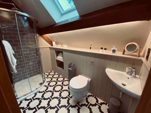a bathroom with a sink and a toilet and a shower at Cuckoo Penn Hideaway - Luxury Cotswold Retreat in Gloucestershire