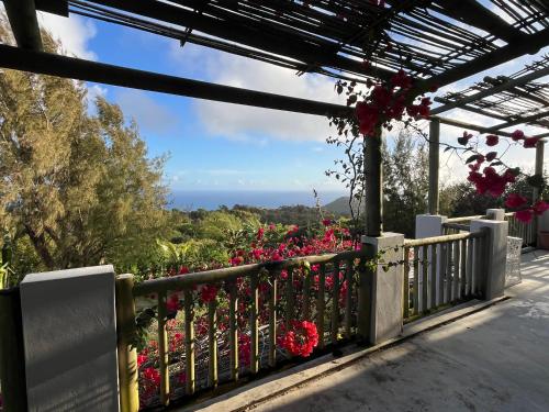 a garden with pink flowers on a fence at COCO MANGO Villa in Trèfles