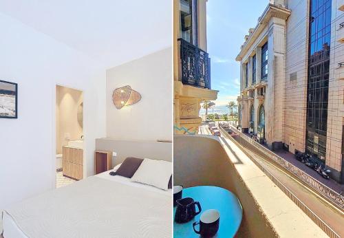 - une chambre avec un lit et une vue sur la ville dans l'établissement Nestor&Jeeves - PALMIERS TERRASSE - Central - Terrace, à Nice