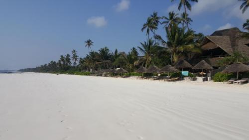 a white beach with straw huts and palm trees at Sunshine Azure Zanzibar Beach Hotel in Matemwe