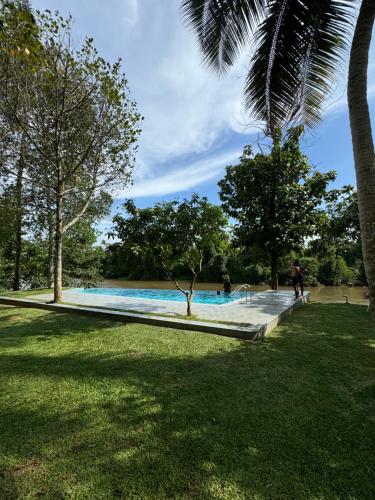 a swimming pool in a park with a palm tree at Theeram Riverside Holiday Home in Māla