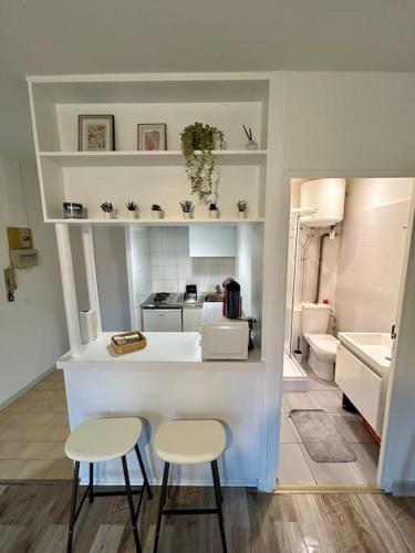 - une cuisine avec deux tabourets et un comptoir avec un évier dans l'établissement Le Douillet, proche gare et métro, à Toulouse