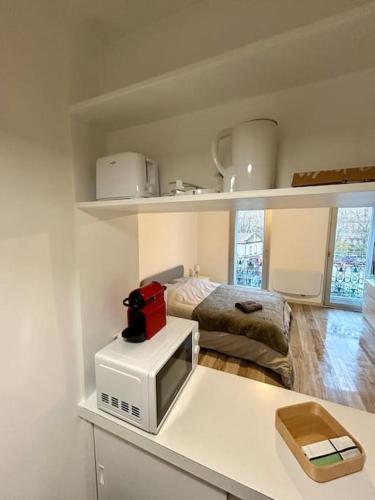 Cette chambre comprend un lit et un four micro-ondes sur un comptoir. dans l'établissement Le Douillet, proche gare et métro, à Toulouse