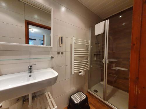 a bathroom with a sink and a shower at Apartment Peacock - Steinbock Lodges in Zell am See