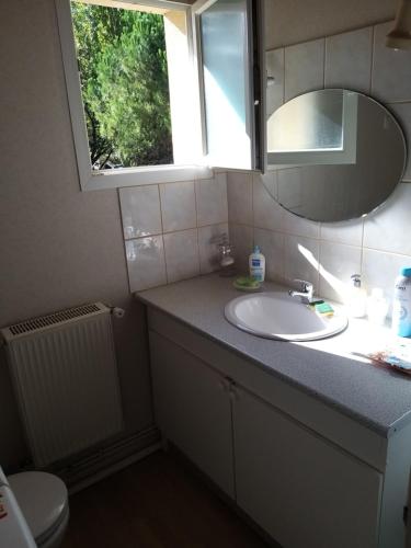 une salle de bain avec un lavabo et un miroir dans l'établissement Maison prés d'Agen, à Bon-Encontre