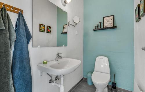 a bathroom with a sink and a toilet and a mirror at Gorgeous Home In Blåvand With Sauna in Blåvand