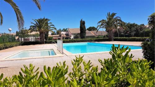 une piscine dans une cour avec des palmiers dans l'établissement Superbe pavillon de vacances climatisé avec piscine collective -6CYC62, à Saint Cyprien Plage