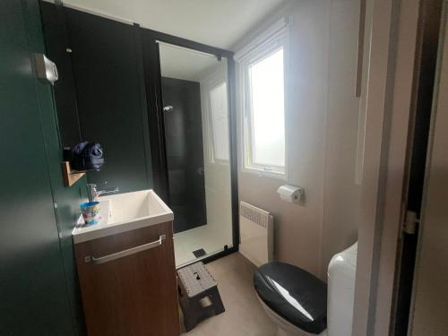 a bathroom with a toilet and a sink and a mirror at Lège-Cap-Ferret, confort et activités à 6 by Vayny in Lège-Cap-Ferret